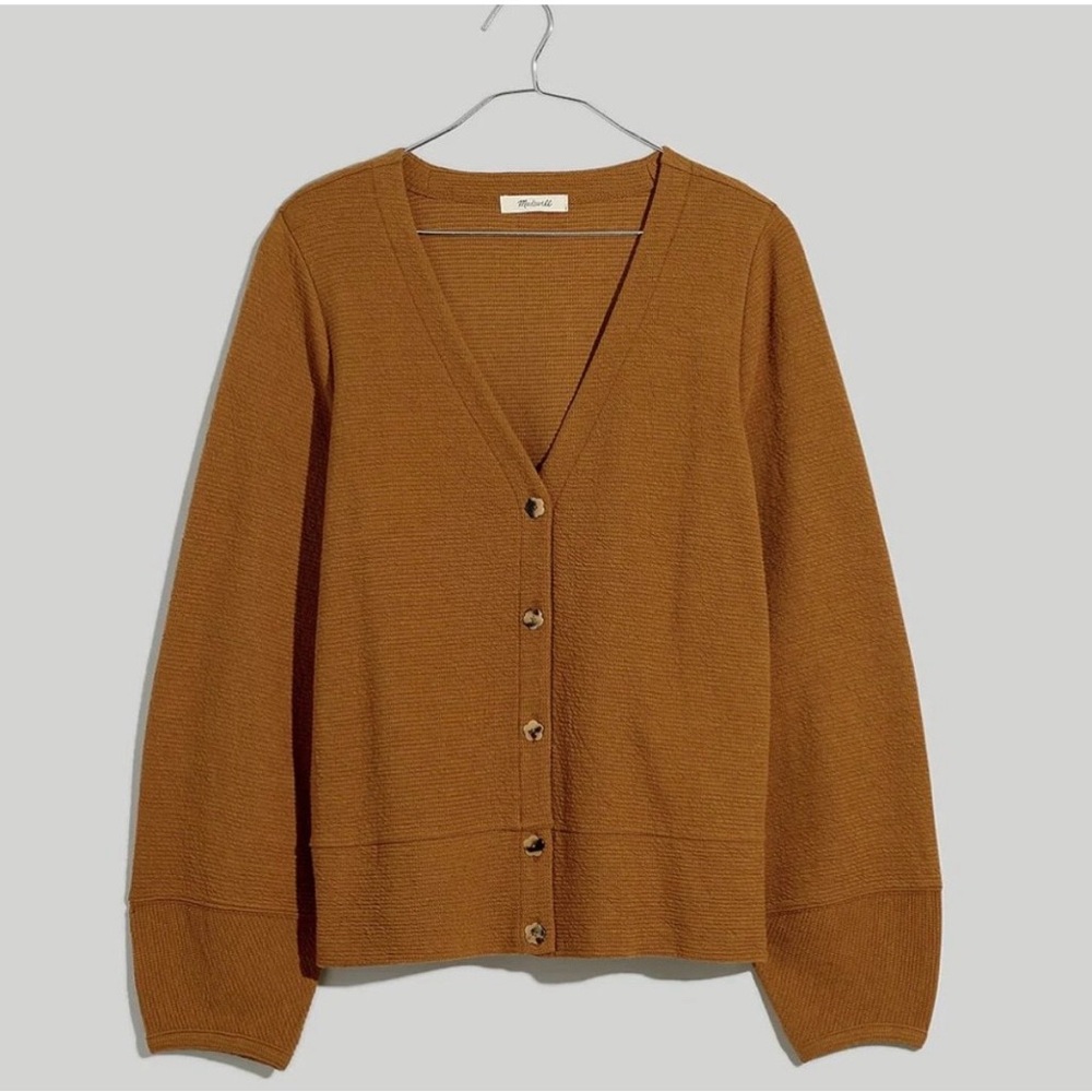 MADEWELL Pieced-Sleeve V-Neck Cardigan w/ Flower Buttons, XXS Color Acorn | NEW